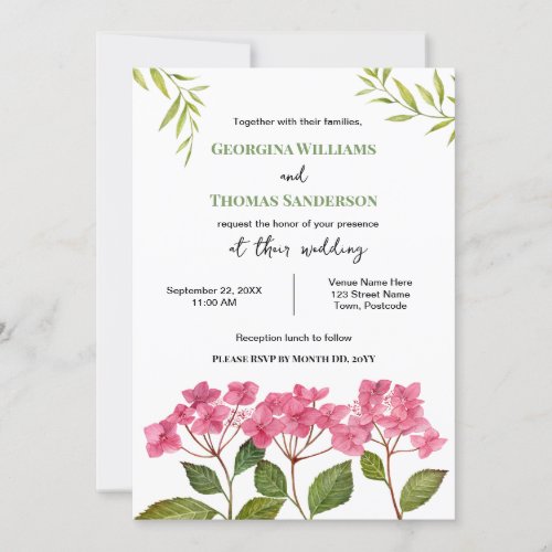 Wedding Watercolor Pink Hydrangea Lacecaps Invitation