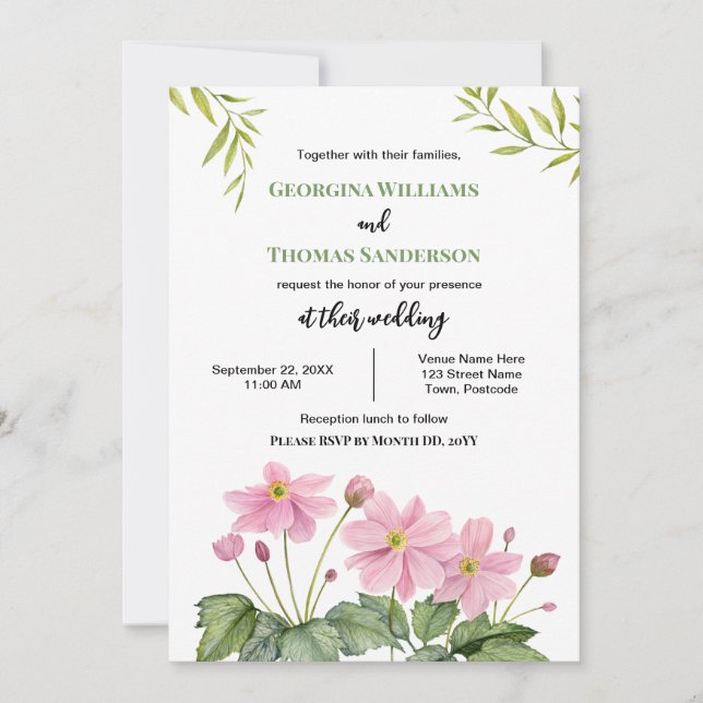 Wedding Watercolor Pink Japanese Anemone Invitation (Front)