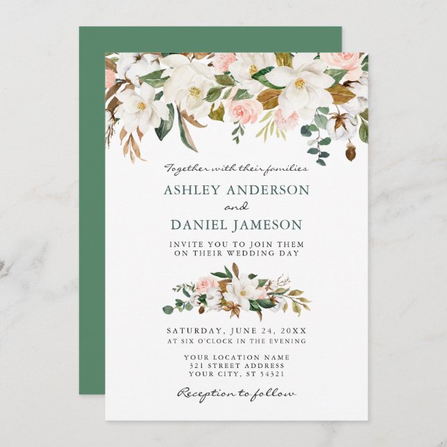 Wedding Watercolor Pink Roses White Magnolias Invitation (Front/Back)