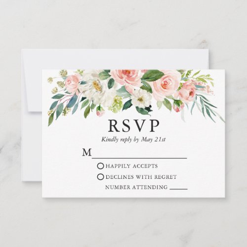Wedding Watercolor Pink White Floral Elegant RSVP Card