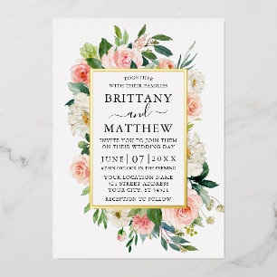 Wedding Watercolor Pink White Floral Gold Foil Invitation