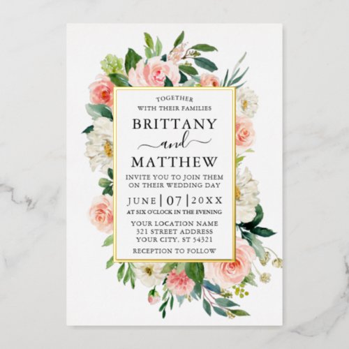 Wedding Watercolor Pink White Floral Gold Foil Invitation