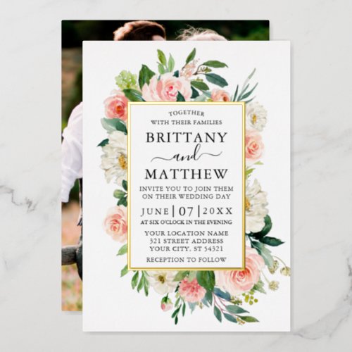 Wedding Watercolor Pink White Floral Photo Gold Foil Invitation