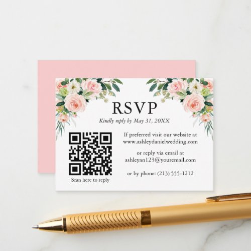 Wedding Watercolor Pink White Floral QR RSVP Enclosure Card