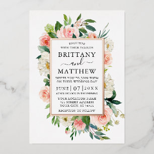 Wedding Watercolor Pink White Floral Rose Gold Foil Invitation