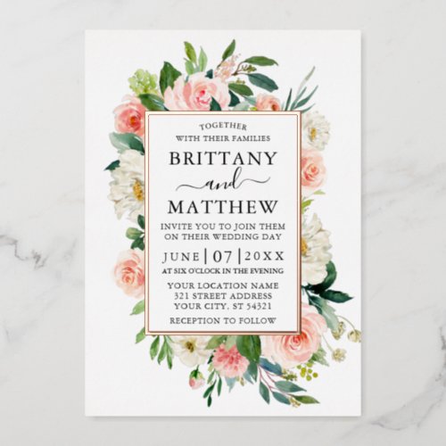 Wedding Watercolor Pink White Floral Rose Gold Foil Invitation