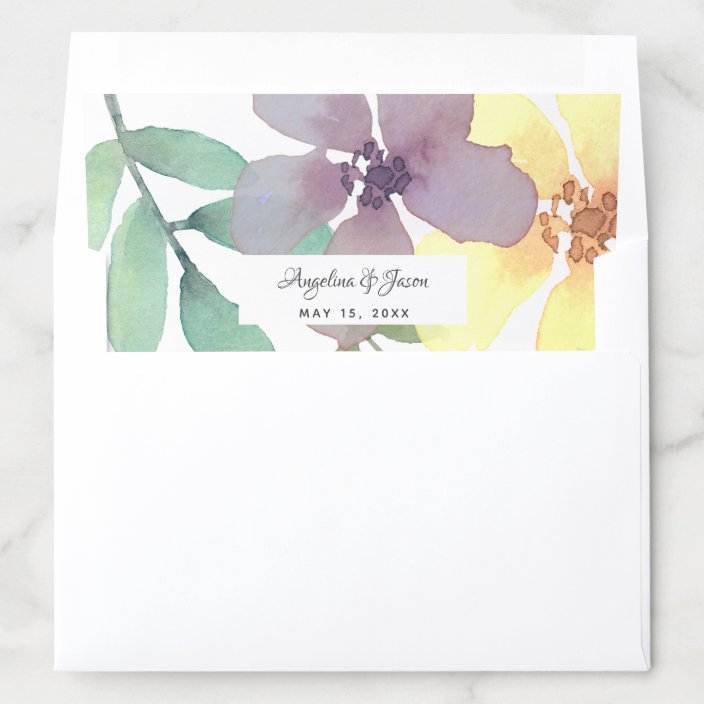 Wedding Watercolor Purple And Yellow Flowers Name Envelope Liner Zazzle Com