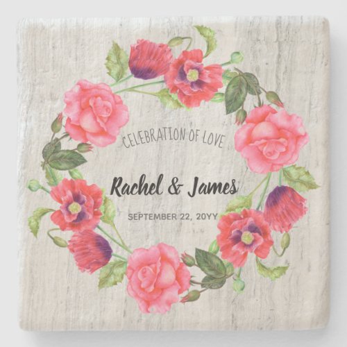 Wedding Watercolor Red and Pink Flowers Wreath Stone Coaster