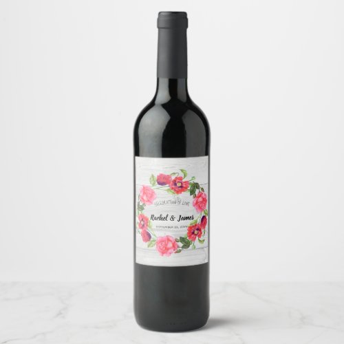 Wedding Watercolor Red and Pink Flowers Wreath Wine Label