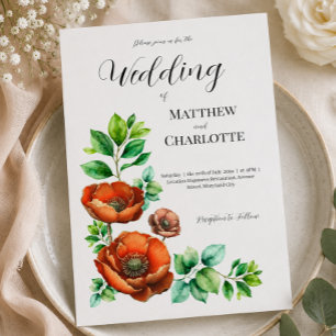 Wedding Watercolor Red Poppies in Vintage Style Announcement Postcard