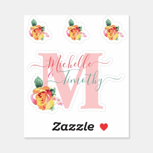 Wedding Watercolor Roses Floral Letter Initial M Sticker