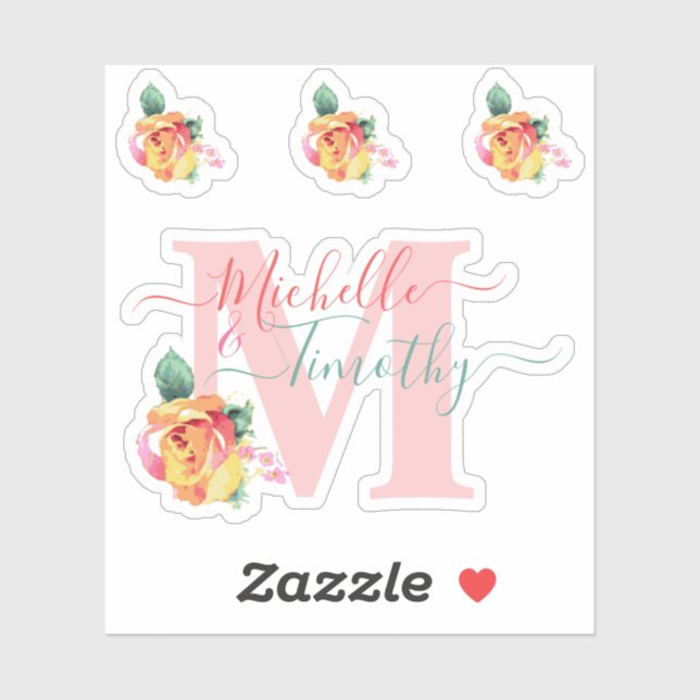Wedding Watercolor Roses Floral Letter Initial M Sticker (Sheet)