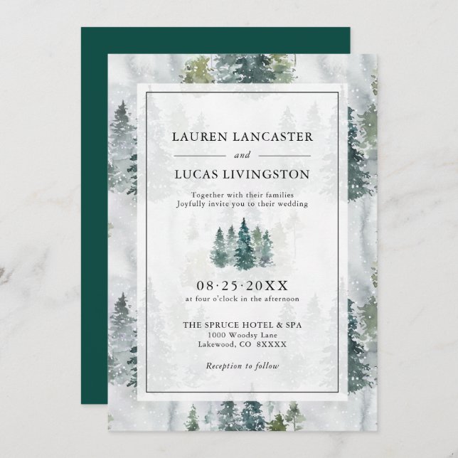 Wedding Watercolor Rustic Pine Trees Deep Green In Invitation (Front/Back)