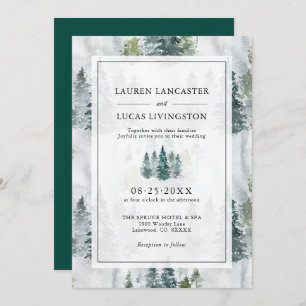 Wedding Watercolor Rustic Pine Trees Deep Green In Invitation