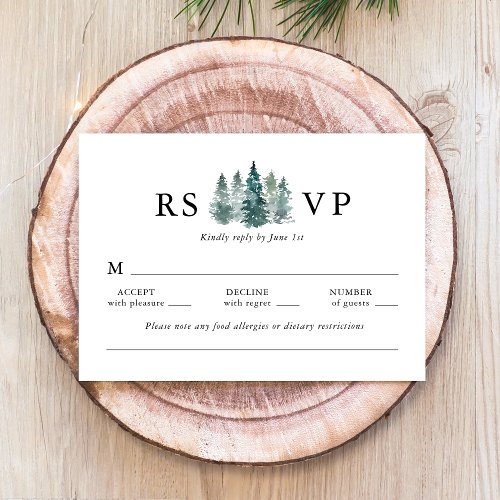 Wedding Watercolor Rustic Pine Trees Deep Green RSVP Card