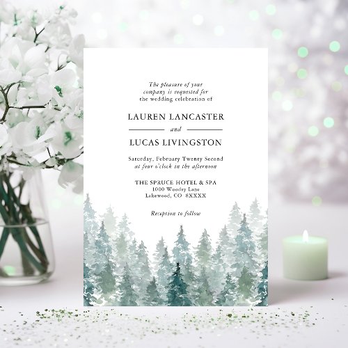 Wedding Watercolor Rustic Pine Trees Forest Green Invitation