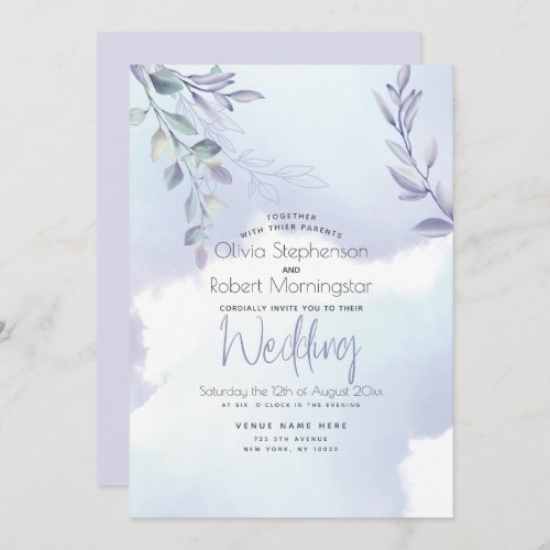 Wedding  Watercolor Sky Blue Lilac Rustic Foliage Invitation