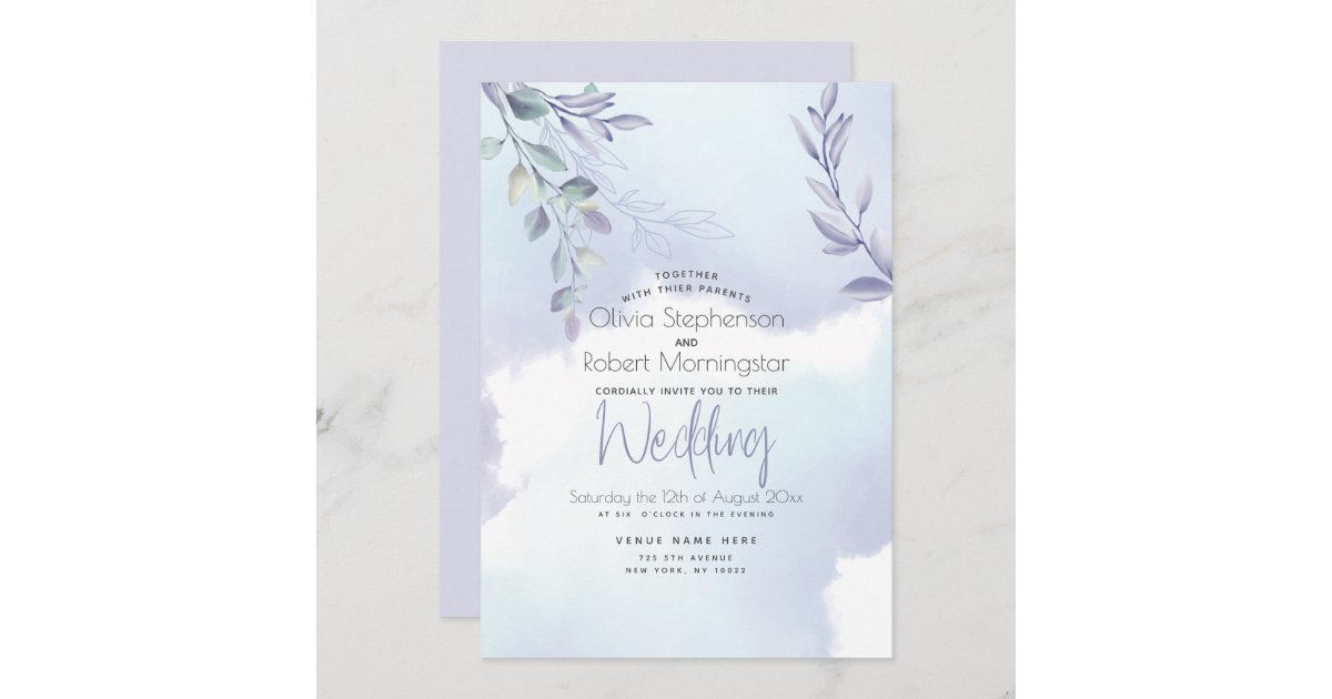 Wedding | Watercolor Sky Blue Lilac Rustic Foliage Invitation | Zazzle