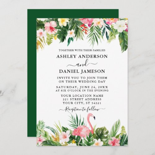 Wedding Watercolor Tropical Floral Flamingo Green Invitation