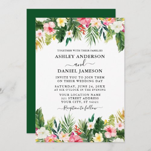 Wedding Watercolor Tropical Floral Greenery Green Invitation