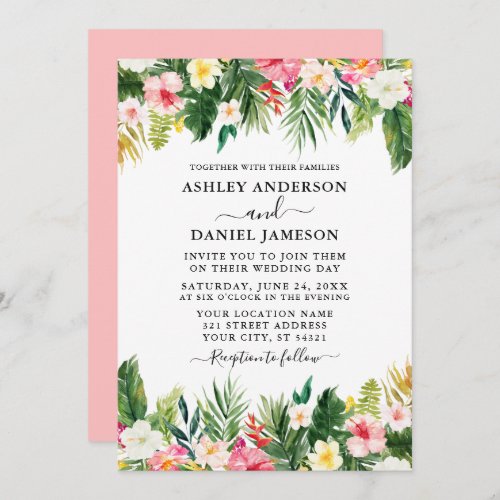 Wedding Watercolor Tropical Floral Greenery Pink Invitation