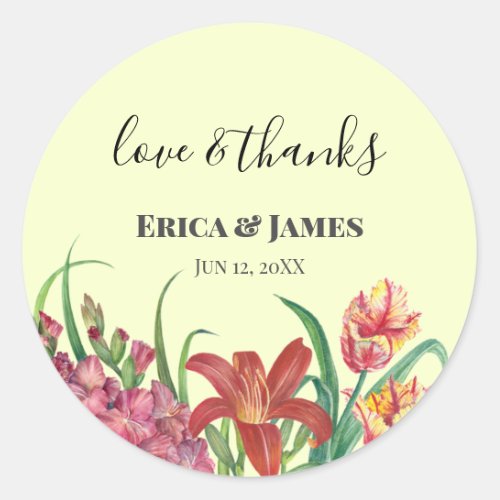 Wedding Watercolor Warm Gladioli Tulips Lily Favor Classic Round Sticker