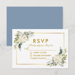 Wedding Watercolor White Floral Dusty Blue Gold RSVP Card