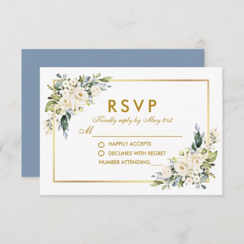 Wedding Watercolor White Floral Dusty Blue Gold RSVP Card