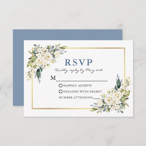 Wedding Watercolor White Floral Dusty Blue RSVP Card