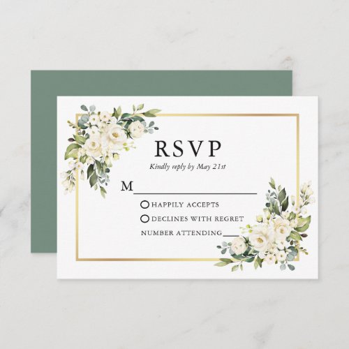 Wedding Watercolor White Floral Gold Sage Green RSVP Card