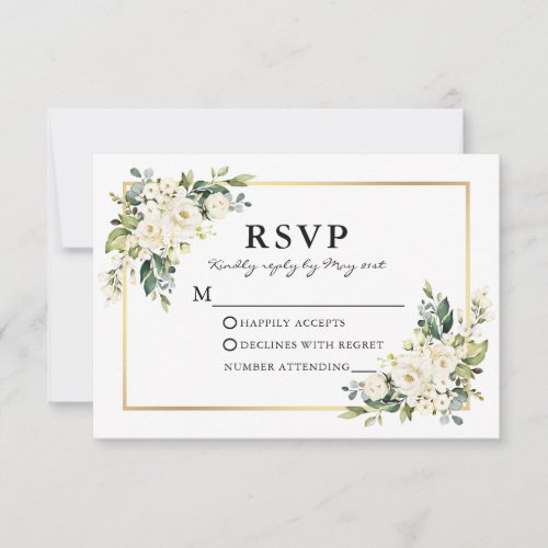 Wedding Watercolor White Floral Greenery RSVP Card
