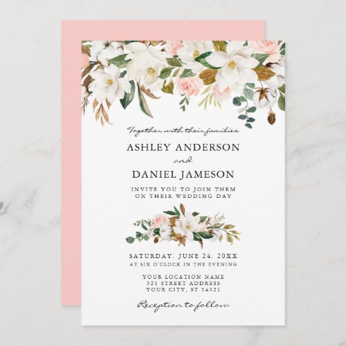 Wedding Watercolor White Magnolias Pink Roses Invitation