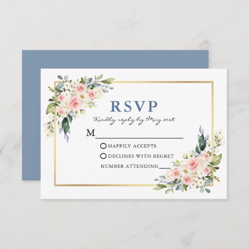 Wedding Watercolor White Pink Floral Dusty Blue RSVP Card
