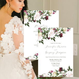 Wedding Watercolor White Roses with Cranberry Invitation