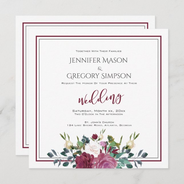 Wedding Watercolor White Roses with Cranberry Invitation (Front/Back)