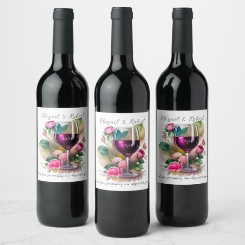 Wedding Watercolor Wine Glass Pink Roses Wine Label