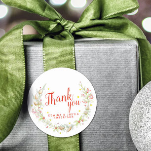 Wedding watercolor winter green red thank you classic round sticker