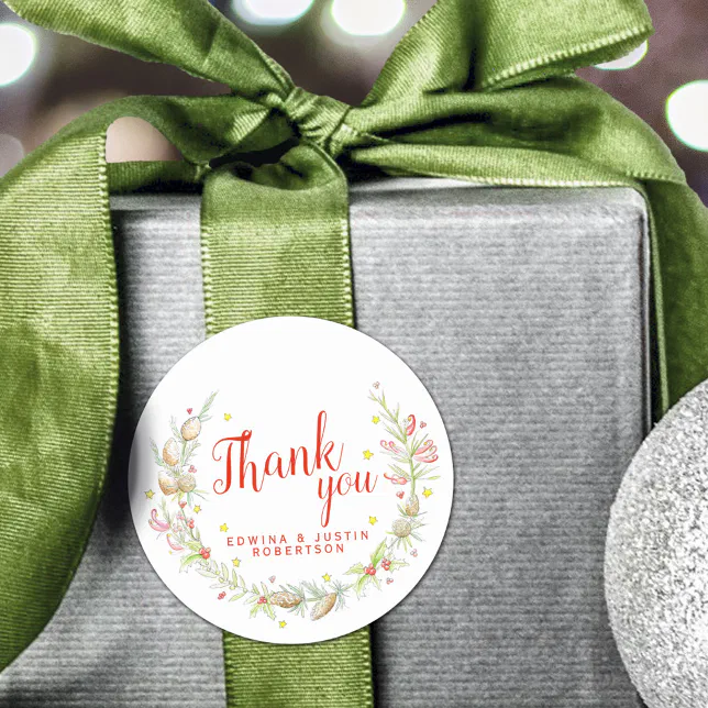 Wedding watercolor winter green red thank you classic round sticker ...