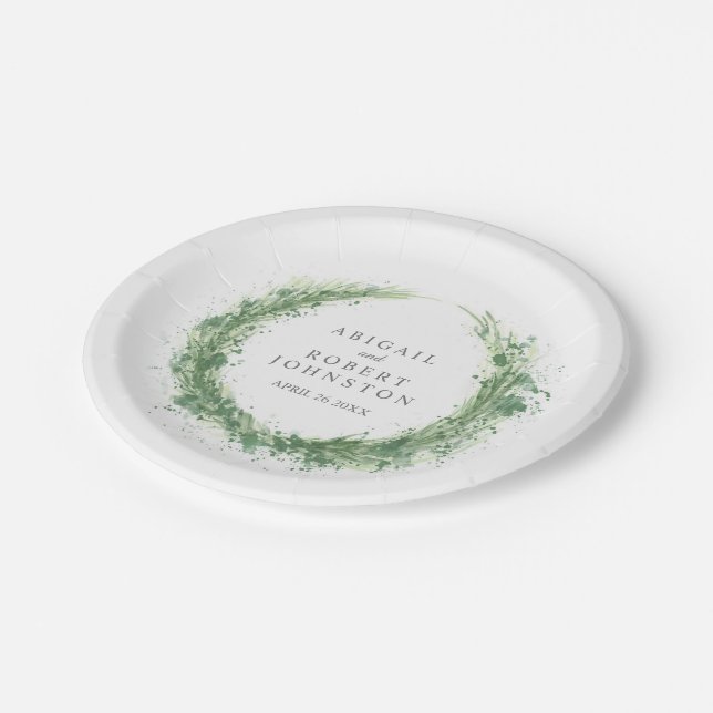 Wedding watercolor wreath personalized sage green paper plates (Angled)