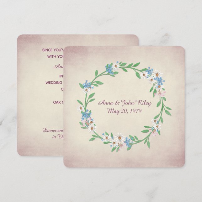 wedding watercolor wreath with daisies and lilies invitation (Front/Back)