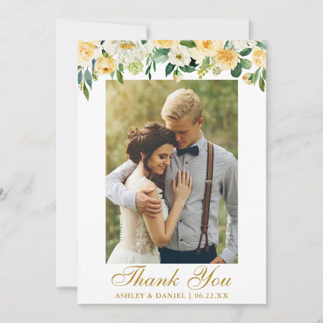 Wedding Watercolor Yellow Floral Photo Gold Thank You Card | Zazzle
