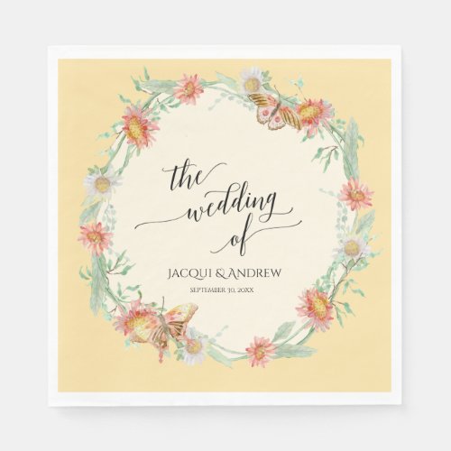 Wedding Watercolor Yellow n Coral Floral Wreath Napkins