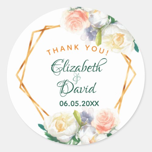 Wedding watercolored florals geometric white classic round sticker