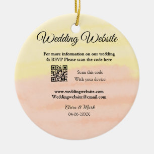 Wedding website add Q R code scan add name date ye Ceramic Ornament