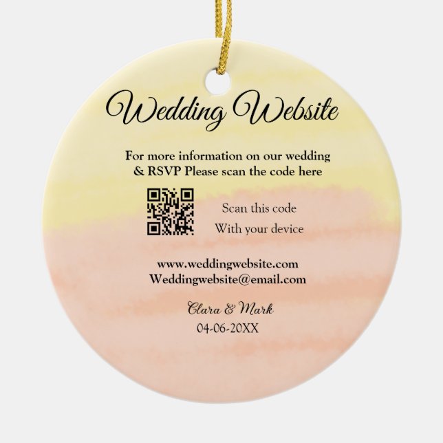 Wedding website add Q R code scan add name date ye Ceramic Ornament (Front)