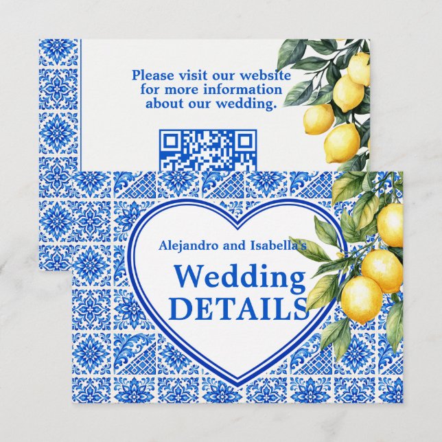 💙🍋Wedding website Azul & Limone Romance Enclosure Card (Front/Back)
