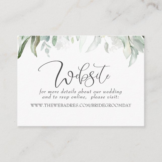 Wedding Website Bohemian Greenery Business Card (Front)