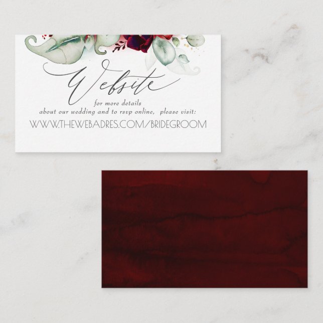 Wedding Website Burgundy Red Floral Business Card (Front/Back)