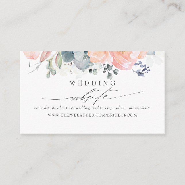 Wedding Website Dusty Blue and Peach Foliage Business Card (Front)