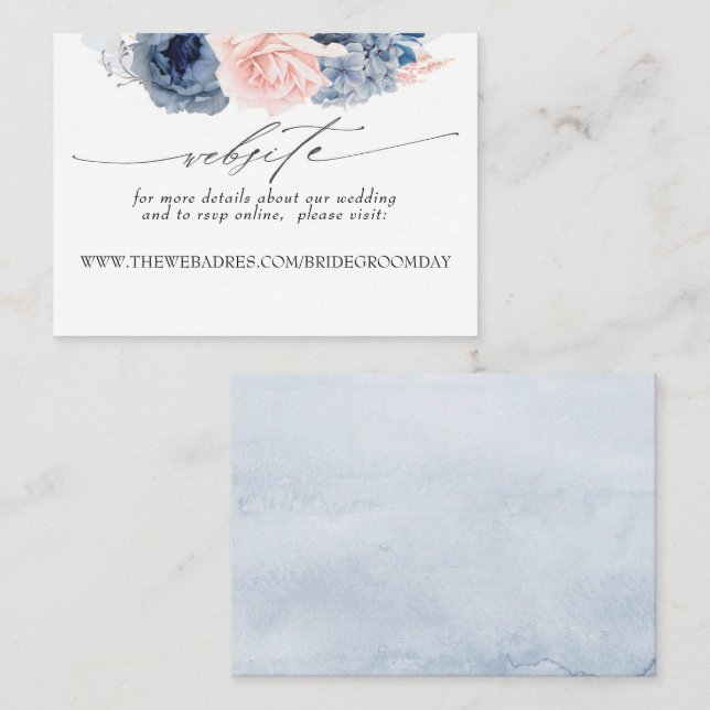 Wedding Website Dusty Blue and Pink Flowers Business Card (Front/Back)